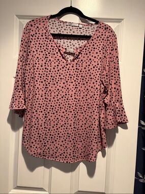 Notations Pink Polka Dot V-Neck Ruffle Sleeve Blouse